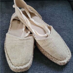 Primark Beige Linen Espadrille Flats with Ankle Tie
